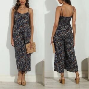 Roan & Ryan Evereve Floral Elaine Wide Leg Crop V-Neck Jumpsuit Pockets XS